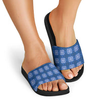 Royal Blue Hawaiian Quilt Slide Sandals Hawaii Pineapple Monstera Palaka Motifs - Polynesian Pride