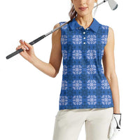 Royal Blue Hawaiian Quilt Women Sleeveless Polo Shirt Hawaii Pineapple Monstera Palaka Motifs - Polynesian Pride