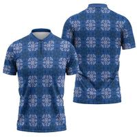 Royal Blue Hawaiian Quilt Zipper Polo Shirt Hawaii Pineapple Monstera Palaka Motifs - Polynesian Pride