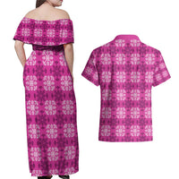 Pink Hawaiian Quilt Couples Matching Off Shoulder Maxi Dress and Hawaiian Shirt Hawaii Pineapple Monstera Palaka Motifs - Polynesian Pride