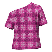 Pink Hawaiian Quilt Cross Shoulder Shirt Hawaii Pineapple Monstera Palaka Motifs - Polynesian Pride