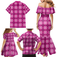Pink Hawaiian Quilt Family Matching Mermaid Dress and Hawaiian Shirt Hawaii Pineapple Monstera Palaka Motifs - Polynesian Pride