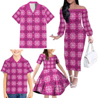 Pink Hawaiian Quilt Family Matching Off The Shoulder Long Sleeve Dress and Hawaiian Shirt Hawaii Pineapple Monstera Palaka Motifs - Polynesian Pride