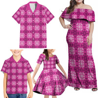 Pink Hawaiian Quilt Family Matching Off Shoulder Maxi Dress and Hawaiian Shirt Hawaii Pineapple Monstera Palaka Motifs - Polynesian Pride