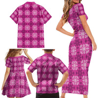 Pink Hawaiian Quilt Family Matching Short Sleeve Bodycon Dress and Hawaiian Shirt Hawaii Pineapple Monstera Palaka Motifs - Polynesian Pride