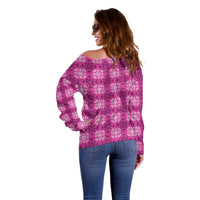 Pink Hawaiian Quilt Off Shoulder Sweater Hawaii Pineapple Monstera Palaka Motifs - Polynesian Pride
