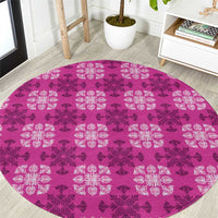 Pink Hawaiian Quilt Round Carpet Hawaii Pineapple Monstera Palaka Motifs - Polynesian Pride