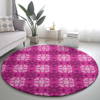 Pink Hawaiian Quilt Round Carpet Hawaii Pineapple Monstera Palaka Motifs - Polynesian Pride