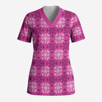 Pink Hawaiian Quilt Scrub Top Hawaii Pineapple Monstera Palaka Motifs - Polynesian Pride