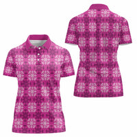 Pink Hawaiian Quilt Women Polo Shirt Hawaii Pineapple Monstera Palaka Motifs - Polynesian Pride