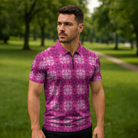 Pink Hawaiian Quilt Zipper Polo Shirt Hawaii Pineapple Monstera Palaka Motifs - Polynesian Pride