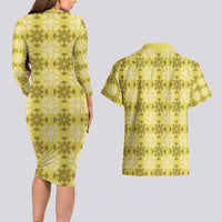 Yellow Hawaiian Quilt Couples Matching Long Sleeve Bodycon Dress and Hawaiian Shirt Hawaii Pineapple Monstera Palaka Motifs - Polynesian Pride