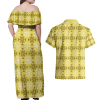 Yellow Hawaiian Quilt Couples Matching Off Shoulder Maxi Dress and Hawaiian Shirt Hawaii Pineapple Monstera Palaka Motifs - Polynesian Pride