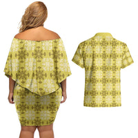 Yellow Hawaiian Quilt Couples Matching Off Shoulder Short Dress and Hawaiian Shirt Hawaii Pineapple Monstera Palaka Motifs - Polynesian Pride