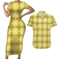 Yellow Hawaiian Quilt Couples Matching Short Sleeve Bodycon Dress and Hawaiian Shirt Hawaii Pineapple Monstera Palaka Motifs - Polynesian Pride