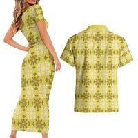 Yellow Hawaiian Quilt Couples Matching Short Sleeve Bodycon Dress and Hawaiian Shirt Hawaii Pineapple Monstera Palaka Motifs - Polynesian Pride