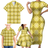 Yellow Hawaiian Quilt Family Matching Short Sleeve Bodycon Dress and Hawaiian Shirt Hawaii Pineapple Monstera Palaka Motifs - Polynesian Pride