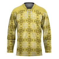 Yellow Hawaiian Quilt Hockey Jersey Hawaii Pineapple Monstera Palaka Motifs - Polynesian Pride