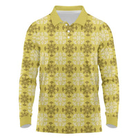 Yellow Hawaiian Quilt Long Sleeve Polo Shirt Hawaii Pineapple Monstera Palaka Motifs - Polynesian Pride