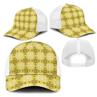 Yellow Hawaiian Quilt Mesh Trucker Cap Hawaii Pineapple Monstera Palaka Motifs LT14 - Polynesian Pride