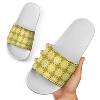 Yellow Hawaiian Quilt Slide Sandals Hawaii Pineapple Monstera Palaka Motifs - Polynesian Pride