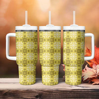 Yellow Hawaiian Quilt Tumbler With Handle Hawaii Pineapple Monstera Palaka Motifs - Polynesian Pride