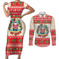 Mele Kalikimaka Hawaii Couples Matching Short Sleeve Bodycon Dress and Long Sleeve Button Shirt Funny Beer-Loving Santa Hawaiian Tropical - Polynesian Pride