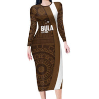 Bula Fiji Football Custom Long Sleeve Bodycon Dress One Vanua One Team Tapa Pattern LT14 Long Dress Brown - Polynesian Pride