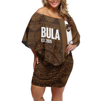 Bula Fiji Football Custom Off Shoulder Short Dress One Vanua One Team Tapa Pattern LT14 Women Brown - Polynesian Pride