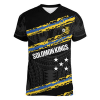 Kings Solomon Islands Football Custom Women V-Neck T-Shirt Come On Solomons Polynesian Grunge Style