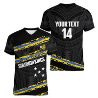 Kings Solomon Islands Football Custom Women V-Neck T-Shirt Come On Solomons Polynesian Grunge Style