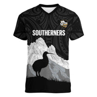 New Zealand South Island Football Custom Women V-Neck T-Shirt Aoraki Mount Cook With Kiwi Maori Pattern