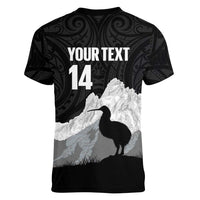 New Zealand South Island Football Custom Women V-Neck T-Shirt Aoraki Mount Cook With Kiwi Maori Pattern