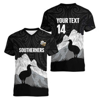 New Zealand South Island Football Custom Women V-Neck T-Shirt Aoraki Mount Cook With Kiwi Maori Pattern