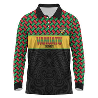 Vanuatu Football Custom Long Sleeve Polo Shirt Go Chiefs Basket-weave Pattern LT14 Black - Polynesian Pride