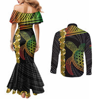 Vanuatu Sand Drawing Turtle Couples Matching Mermaid Dress and Long Sleeve Button Shirt Happy Independence Day LT14 - Polynesian Pride