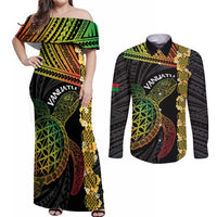 Vanuatu Sand Drawing Turtle Couples Matching Off Shoulder Maxi Dress and Long Sleeve Button Shirt Happy Independence Day LT14 Black - Polynesian Pride
