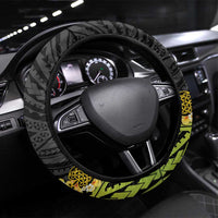 Vanuatu Sand Drawing Turtle Steering Wheel Cover Happy Independence Day LT14 Universal Fit Black - Polynesian Pride