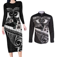 Black Polynesia Couples Matching Long Sleeve Bodycon Dress and Long Sleeve Button Shirt Tribal Pattern Tropical Frangipani LT14 Black - Polynesian Pride