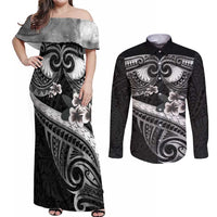 Black Polynesia Couples Matching Off Shoulder Maxi Dress and Long Sleeve Button Shirt Tribal Pattern Tropical Frangipani LT14 Black - Polynesian Pride