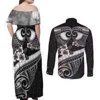 Black Polynesia Couples Matching Off Shoulder Maxi Dress and Long Sleeve Button Shirt Tribal Pattern Tropical Frangipani LT14 - Polynesian Pride