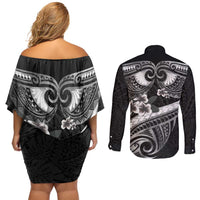 Black Polynesia Couples Matching Off Shoulder Short Dress and Long Sleeve Button Shirt Tribal Pattern Tropical Frangipani LT14 - Polynesian Pride