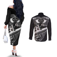 Black Polynesia Couples Matching Off The Shoulder Long Sleeve Dress and Long Sleeve Button Shirt Tribal Pattern Tropical Frangipani LT14 - Polynesian Pride