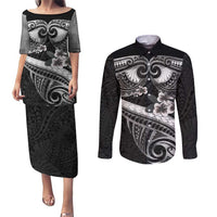 Black Polynesia Couples Matching Puletasi and Long Sleeve Button Shirt Tribal Pattern Tropical Frangipani LT14 Black - Polynesian Pride