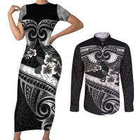 Black Polynesia Couples Matching Short Sleeve Bodycon Dress and Long Sleeve Button Shirt Tribal Pattern Tropical Frangipani LT14 Black - Polynesian Pride