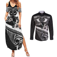 Black Polynesia Couples Matching Summer Maxi Dress and Long Sleeve Button Shirt Tribal Pattern Tropical Frangipani LT14 Black - Polynesian Pride