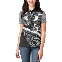 Black Polynesia Women Polo Shirt Tribal Pattern Tropical Frangipani