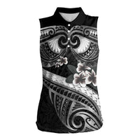 Black Polynesia Women Sleeveless Polo Shirt Tribal Pattern Tropical Frangipani