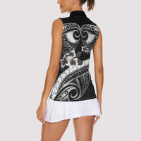 Black Polynesia Women Sleeveless Polo Shirt Tribal Pattern Tropical Frangipani