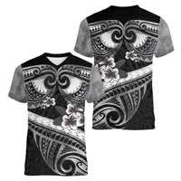 Black Polynesia Women V-Neck T-Shirt Tribal Pattern Tropical Frangipani